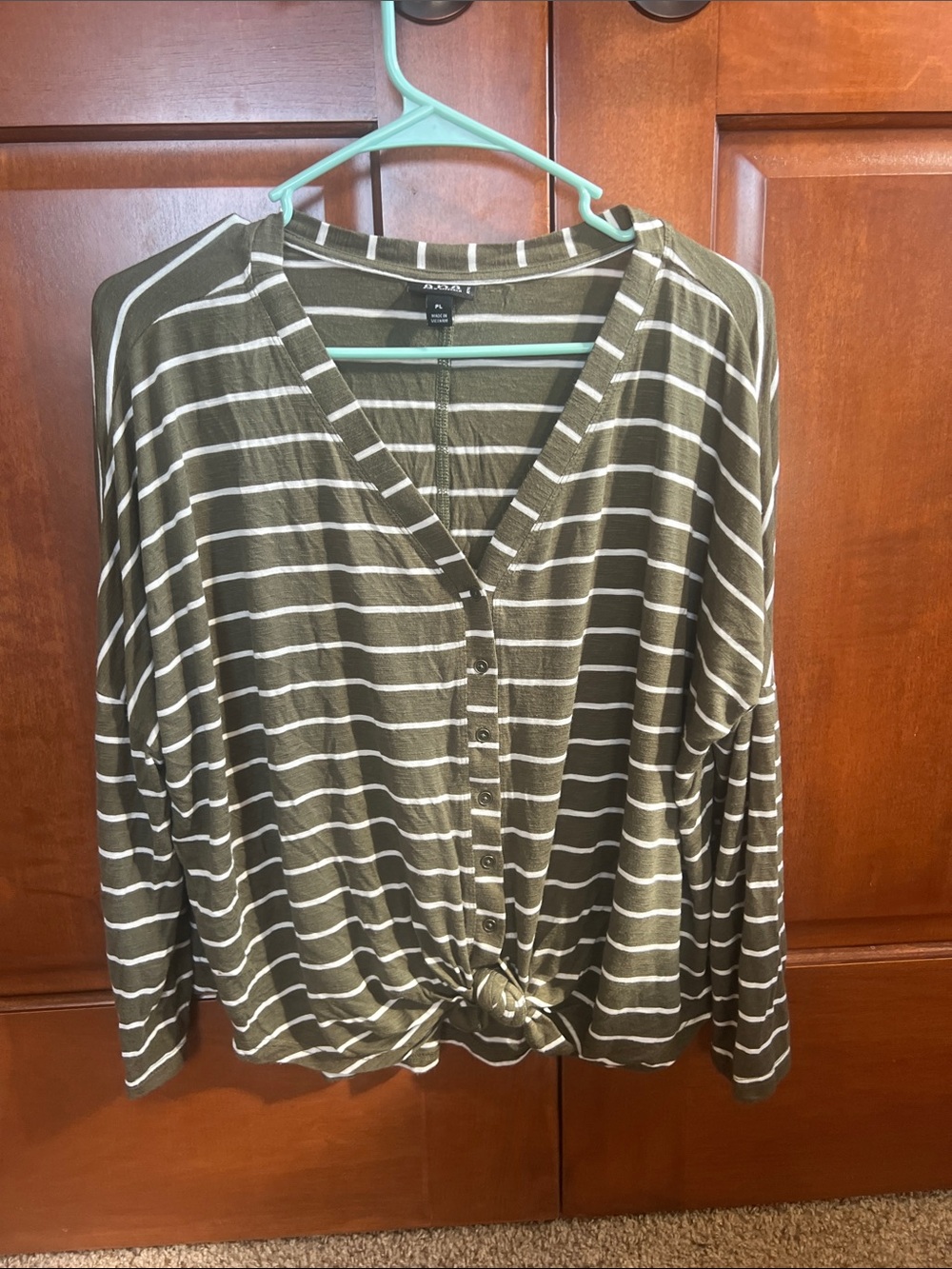 a.n.a Olive and White Striped Button-Front Tie-Hem Top